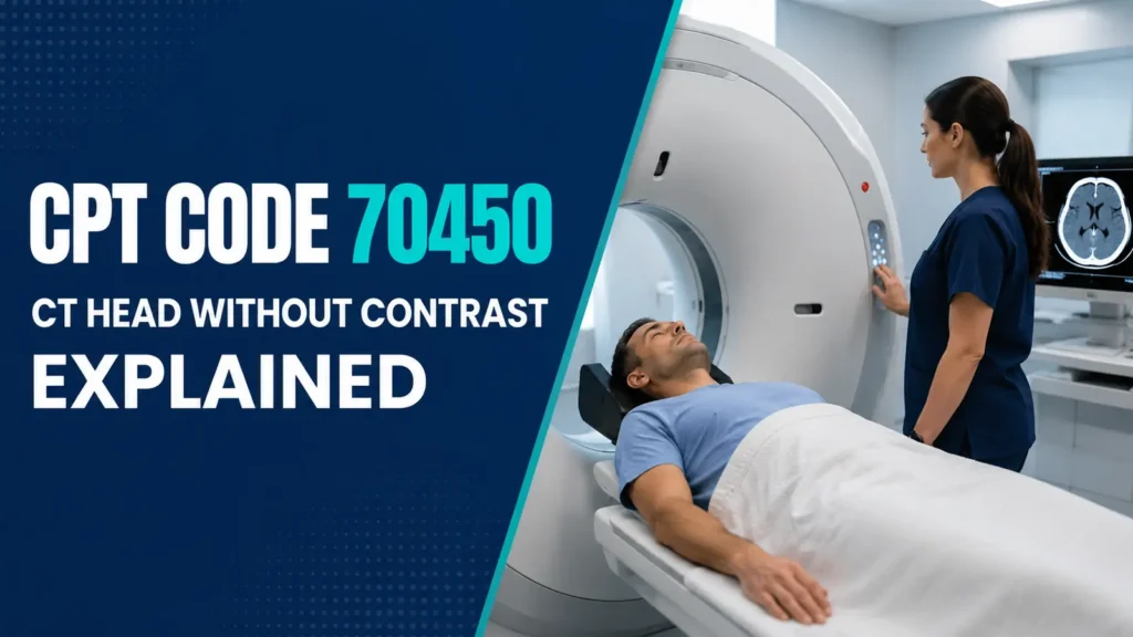 CPT Code 70450 explained with a patient undergoing a CT scan of the head without contrast. Style: Matching DocsCare navy-and-teal series.