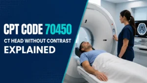 CPT Code 70450 explained with a patient undergoing a CT scan of the head without contrast. Style: Matching DocsCare navy-and-teal series.