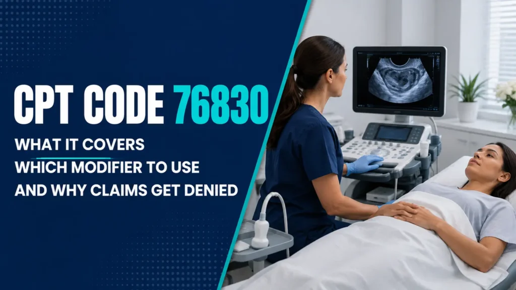 CPT Code 76830 guide featuring a sonographer conducting a transvaginal pelvic ultrasound examination.