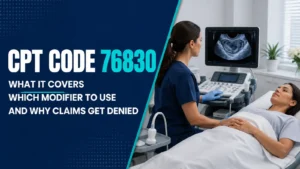 CPT Code 76830 guide featuring a sonographer conducting a transvaginal pelvic ultrasound examination.