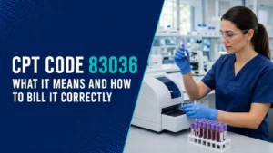 CPT Code 83036 billing guide featuring a laboratory professional processing an HbA1c blood test.