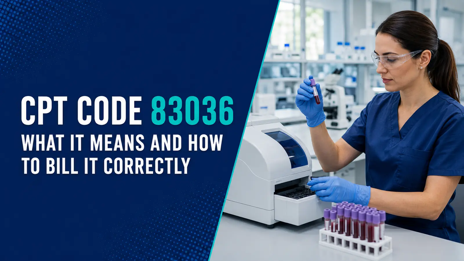 CPT Code 83036 billing guide featuring a laboratory professional processing an HbA1c blood test.