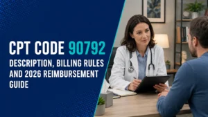 CPT Code 90792 billing and reimbursement guide featuring a psychiatrist conducting a diagnostic evaluation