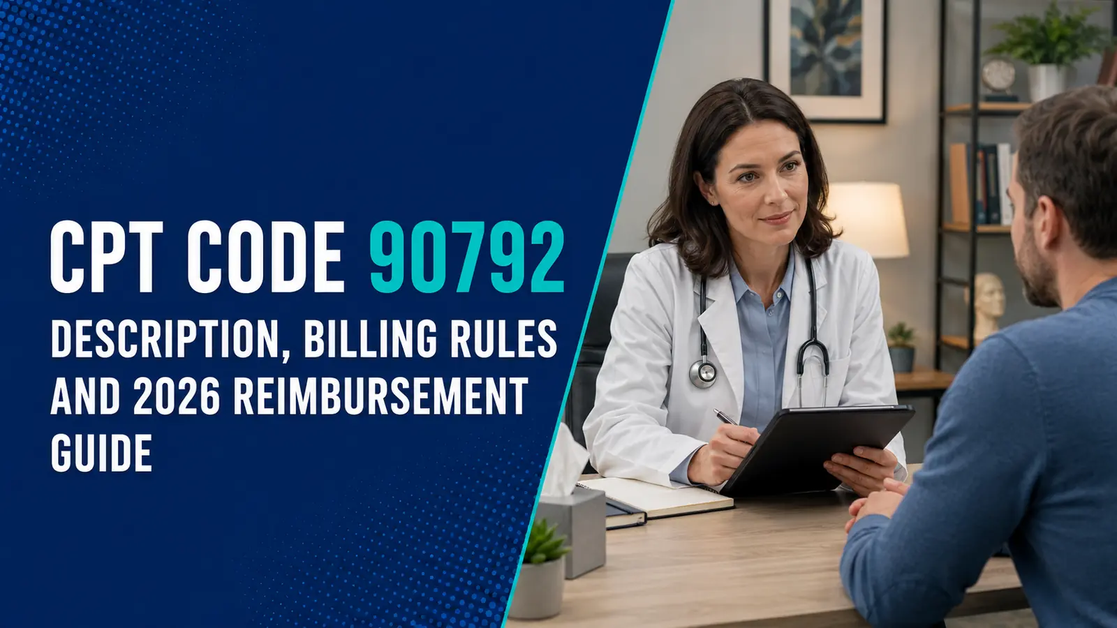 CPT Code 90792 billing and reimbursement guide featuring a psychiatrist conducting a diagnostic evaluation