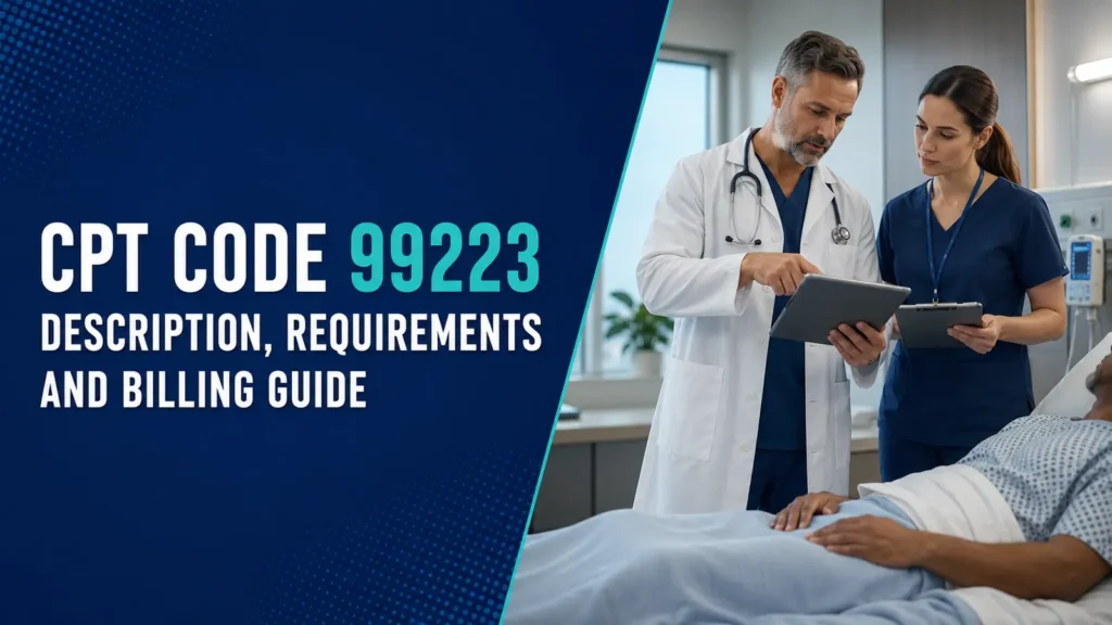 CPT Code 99223 billing guide featuring clinicians conducting an initial hospital inpatient evaluation.