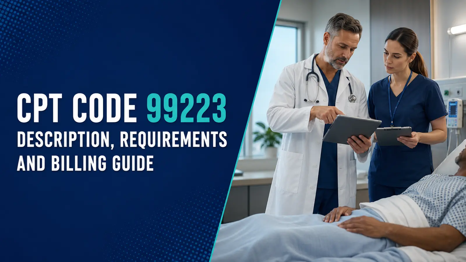 CPT Code 99223 billing guide featuring clinicians conducting an initial hospital inpatient evaluation.