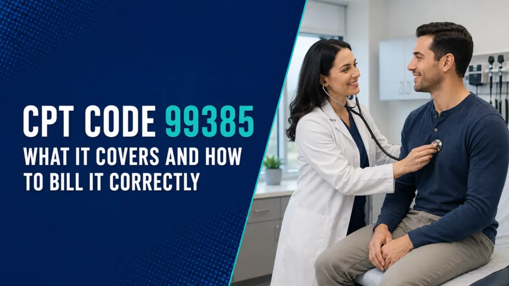 CPT Code 99385 billing guide featuring a physician conducting a preventive examination for a new adult patient.