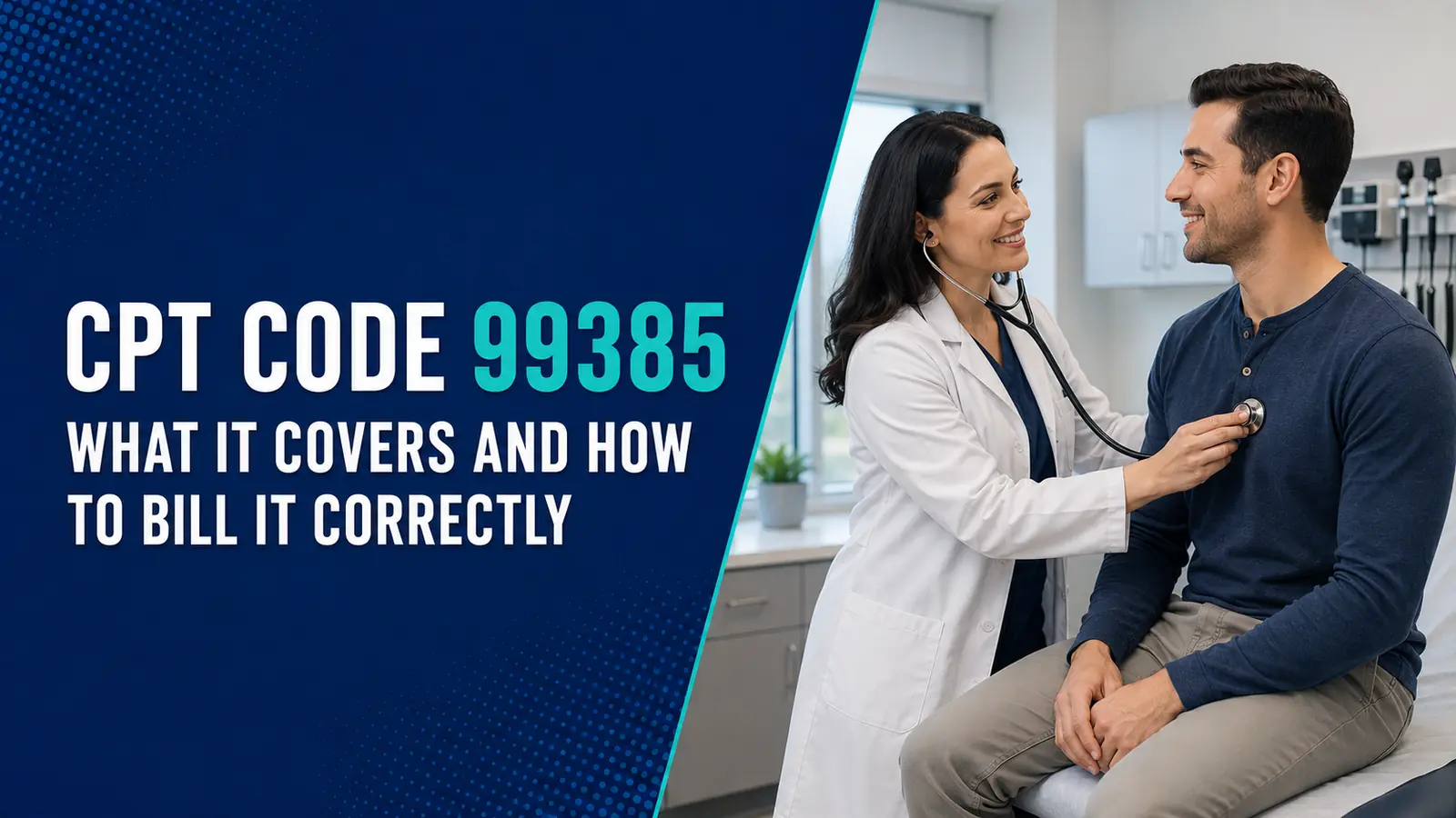 CPT Code 99385 billing guide featuring a physician conducting a preventive examination for a new adult patient.