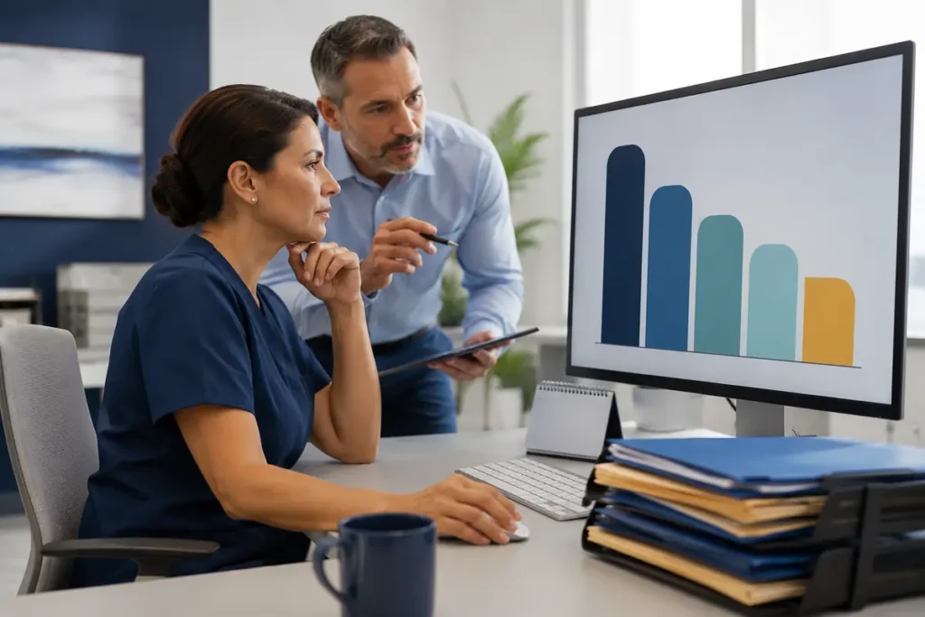 Medical billing professionals reviewing accounts-receivable aging and claim-recovery priorities