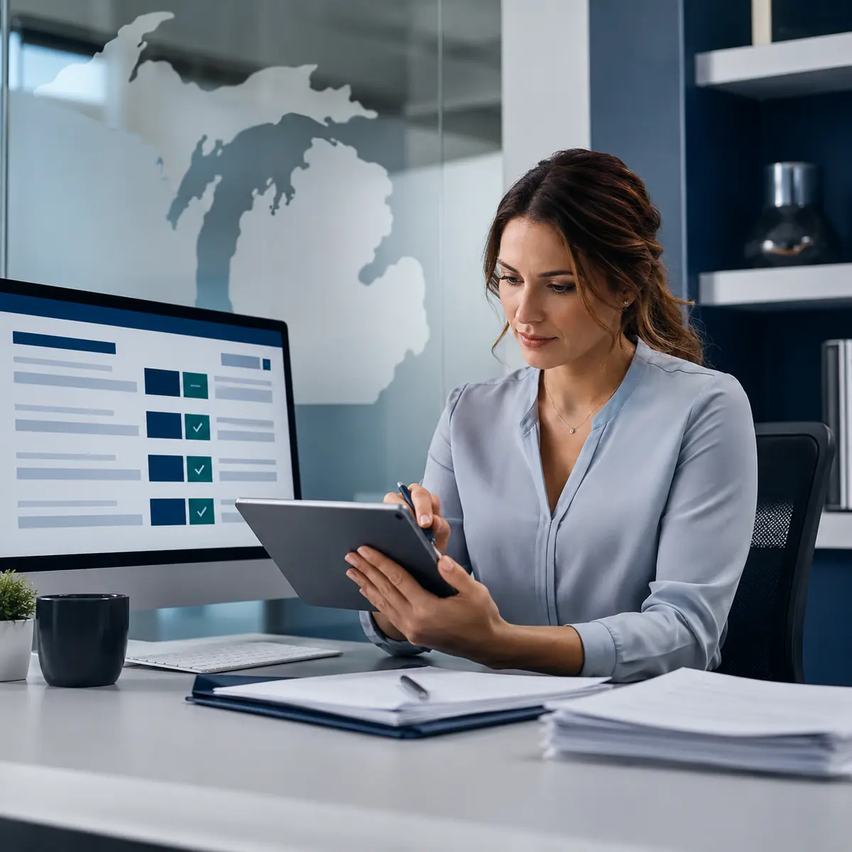 Medical coding specialist reviewing healthcare claims for a Michigan practice