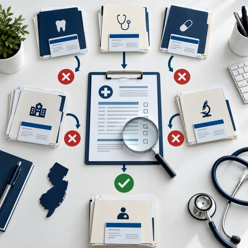 Medical claim folders following multiple approval and denial pathways beside a New Jersey symbol.