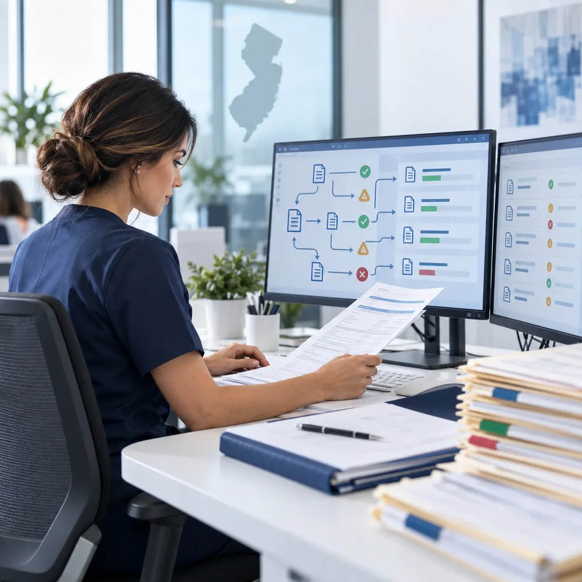 Medical billing specialist reviewing complex claim workflows in a New Jersey healthcare office